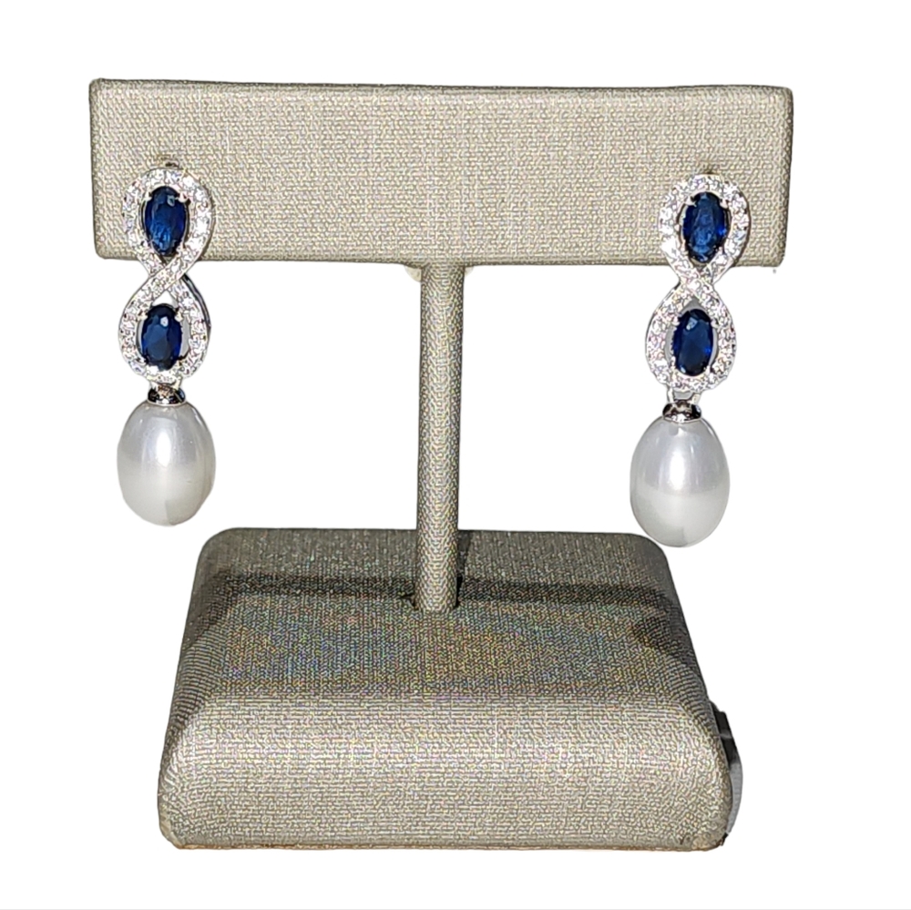 925S Blue Gemstones Stud Earrings With Cultured Freshwater Pearl and Zirconia - Picture 15 of 16